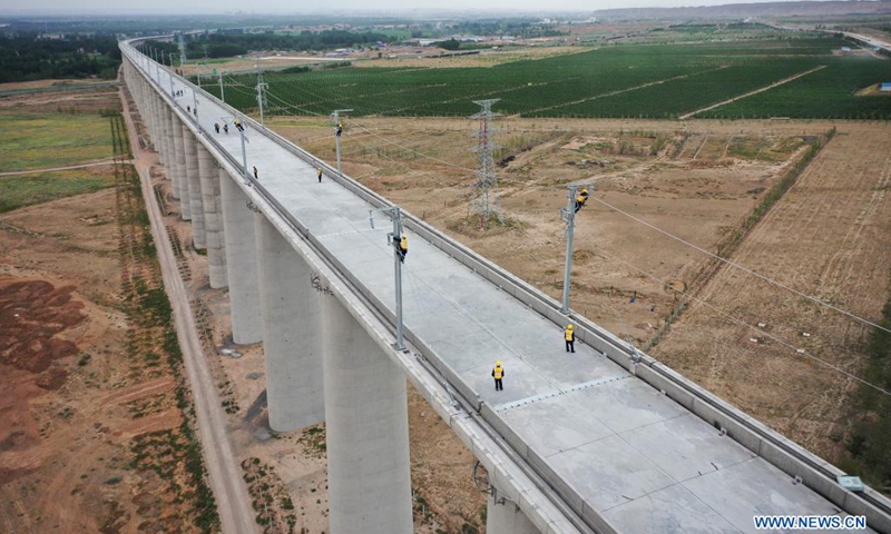 Aerial photo taken on July 10, 2021 shows part of the Zhongwei section of the Zhongwei-Lanzhou high-speed rail line in northwest China's Ningxia Hui Autonomous Region. A major high-speed railway in northwest China has entered a key phase recently, where the construction of overhead contact system has been rolled out.(Photo: Xinhua)