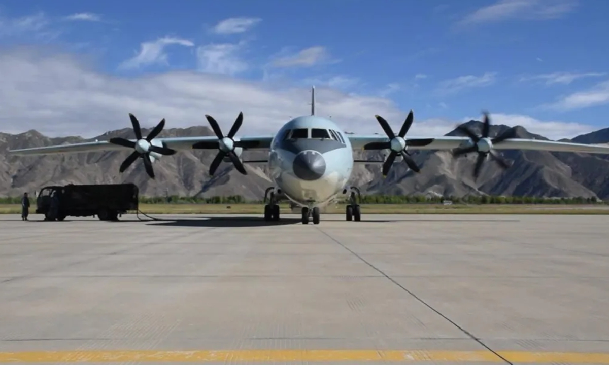 A Y-9 medical service aircraft, attached to an aviation regiment affiliated to the Air Force of the People’s Liberation Army Western Theater Command, receives maintenance at an airfield. Photo: Screenshot from China Central Television