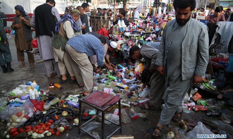 People work at the site of a bomb explosion in Kabul, capital of Afghanistan, on July 13, 2021. Four civilians were killed and five others injured as a blast rocked Police District 1 of Afghanistan's capital Kabul on Tuesday, Kabul police spokesman Ferdaus Faramarz said.(Photo: Xinhua)
