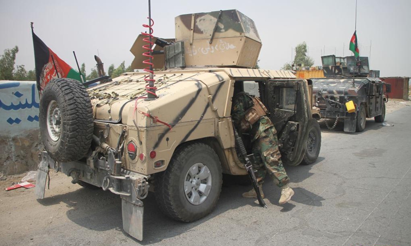 Military vehicles of Afghan security force are seen during a military operation against Taliban militants in Alishing district of Laghman province, eastern Afghanistan, on July 12, 2021. Taliban militants have been intensifying activities to capture more districts, as the U.S. troops are completing the pull-out from Afghanistan. In the meantime, Afghan security forces have been conducting counter-offensives to foil the militant group's efforts.(Photo: Xinhua)