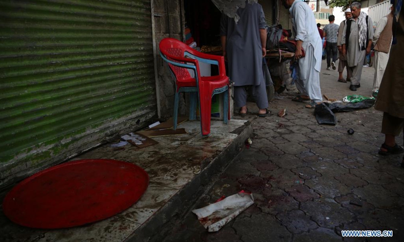 Photo taken on July 13, 2021 shows the site of a bomb explosion in Kabul, capital of Afghanistan. Four civilians were killed and five others injured as a blast rocked Police District 1 of Afghanistan's capital Kabul on Tuesday, Kabul police spokesman Ferdaus Faramarz said.(Photo: Xinhua)