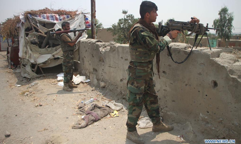 Afghan security force members take part in a military operation against Taliban militants in Alishing district of Laghman province, eastern Afghanistan, on July 12, 2021. Taliban militants have been intensifying activities to capture more districts, as the U.S. troops are completing the pull-out from Afghanistan. In the meantime, Afghan security forces have been conducting counter-offensives to foil the militant group's efforts. (Photo: Xinhua)