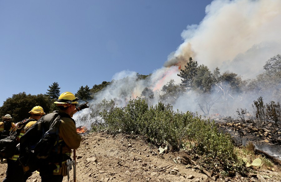 Firefighters battle against a wildfire in Riverside County of Southern California, the United States, Aug. 2, 2020.(Photo: Xinhua)