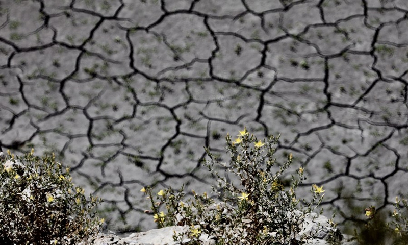 Photo taken on June 24, 2021 shows a view of the dried up and cracked water bed at the drought-stricken San Gabriel Reservoir near Azusa, Los Angeles County, California, the United States.(Photo: Xinhua)
