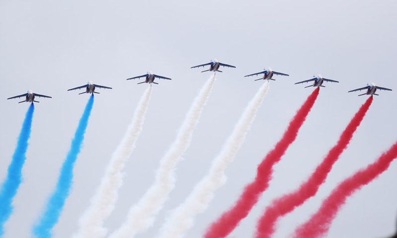 French Air Force Patrouille de France is seen during the annual Bastille Day military parade in Paris, France, July 14, 2021. (Photo: Xinhua)