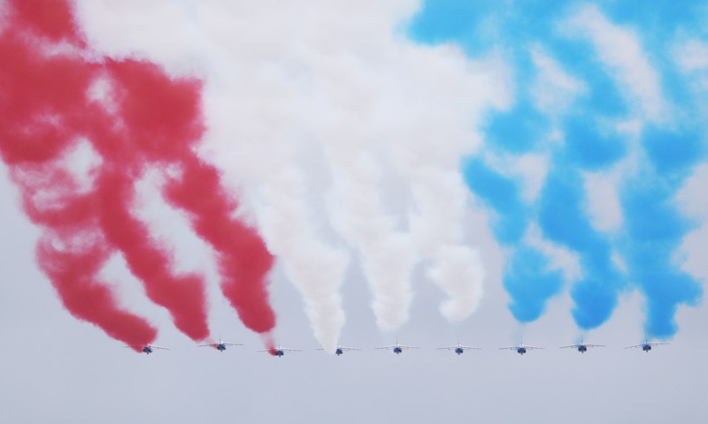 French Air Force Patrouille de France is seen during the annual Bastille Day military parade in Paris, France, July 14, 2021. (Photo: Xinhua)