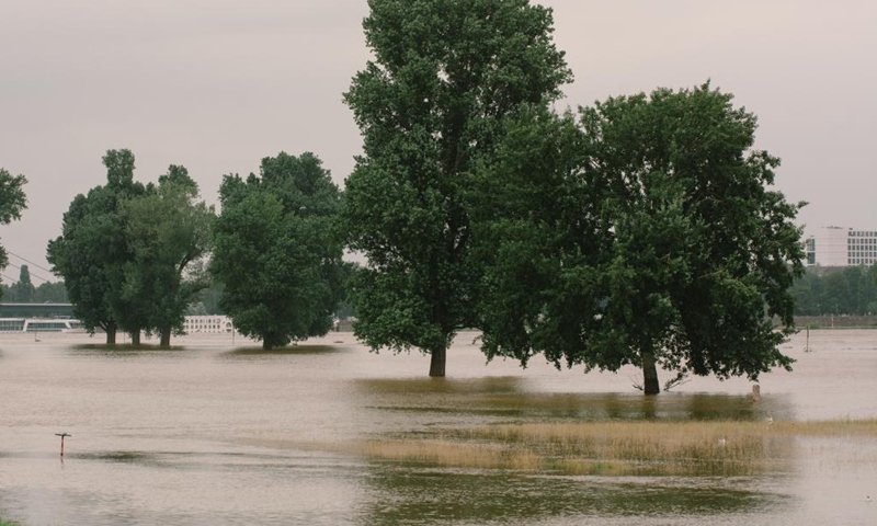 The bank of the river Rhine is flooded in Dusseldorf, western Germany, on July 16, 2021. The death toll from the flood disaster triggered by heavy rainfall in western and southern Germany has risen to more than 100 as of Friday noon local time, according to police and local authorities.Photo:Xinhua