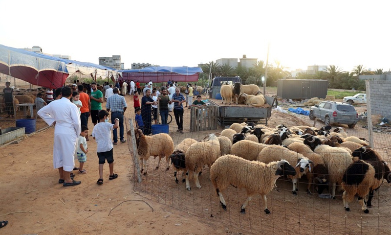 People visit a sheep market ahead of Eid al-Adha festival in Tajura, eastern Tripoli, Libya, July 16, 2021.(Photo: Xinhua)