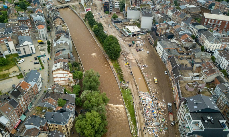 Aerial photo taken on July 16, 2021 shows a scene after floods in Verviers, Belgium.(Photo: Xinhua)