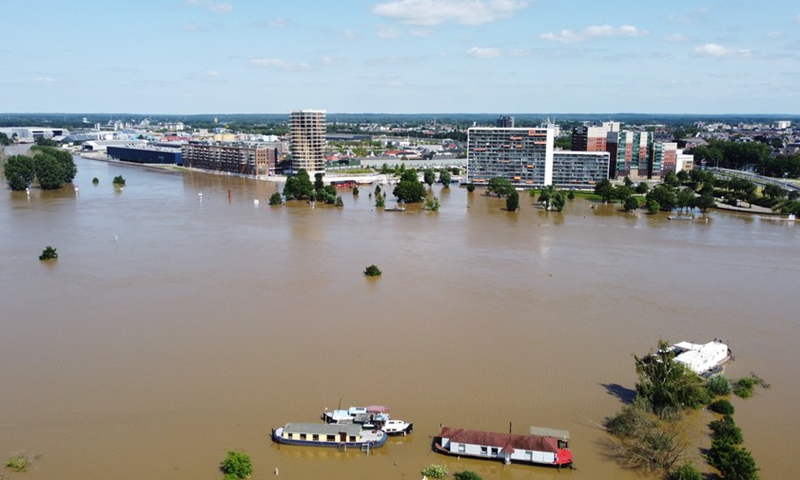 Aerial photo taken on July 17, 2021 shows a flooded area in Roermond, Limburg, a province in the southeastern part of the Netherlands.(Photo: Xinhua)