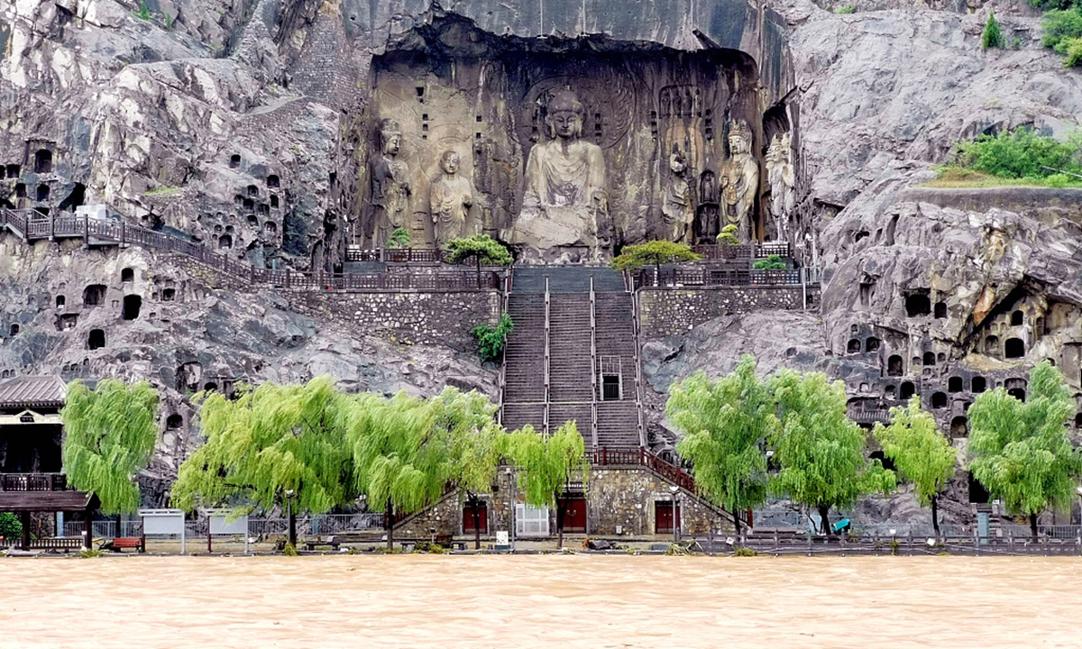 Longmen Grottoes scenic area in Central China's Henan Province is closed to the public on July 20, 2021 due to the flood hitting the province. Photo: CFP