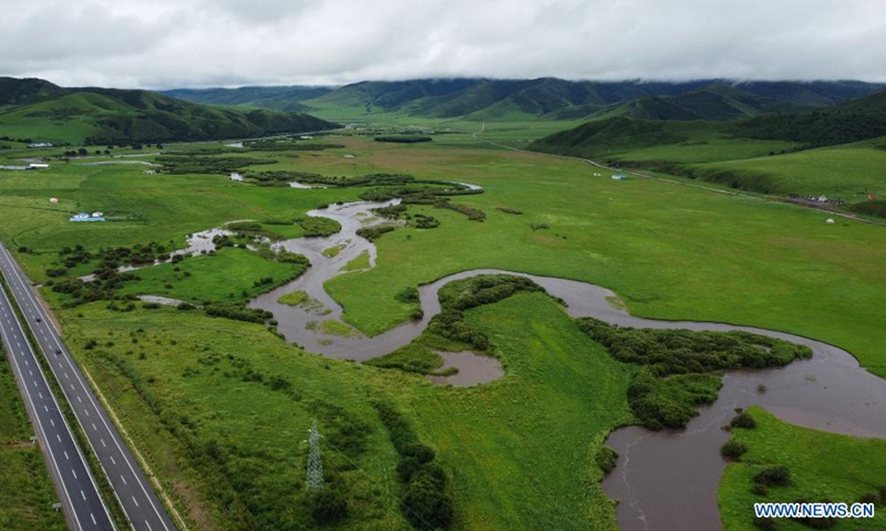 Aerial photo taken on July 26, 2021 shows a river flowing through the Wulanmaodu pasture, which is located in the northern part of Horqin Right Wing Front Banner, Hinggan League, north China's Inner Mongolia Autonomous Region.(Photo: Xinhua)