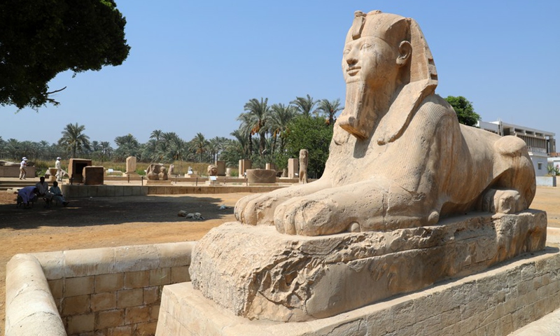 Photo taken on July 28, 2021 shows the statue of Sphinx at the ruins of the ancient Egyptian city of Memphis, 23 km southwest of Cairo, capital of Egypt.(Photo: Xinhua)