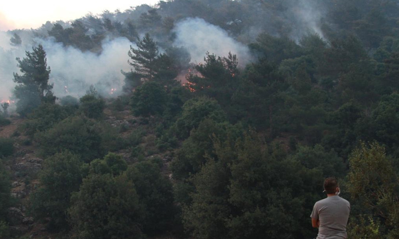 A man looks at a wildfire in a forest in Akkar, northern Lebanon, on July 30, 2021. Lebanon battled rapidly spreading wildfires for the third day Friday in northern areas.Photo:Xinhua