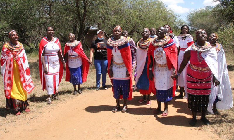 Twala Tenebo Cultural Women perform a Maasai jig to welcome visitors during a training workshop in Laikipia County, Oct. 23, 2020.(Photo: Xinhua)