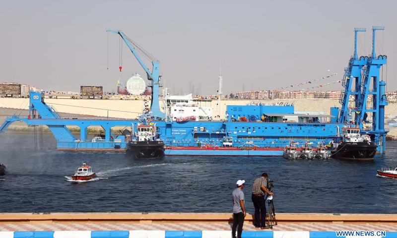 Photo taken on Aug. 4, 2021 shows a cutter suction dredger in Ismailia Province, Egypt. Egypt's Suez Canal Authority (SCA) held a ceremony on Wednesday to celebrate the recent arrival of a cutter suction dredger (CSD) named Hussein Tantawy. (Photo: Xinhua)