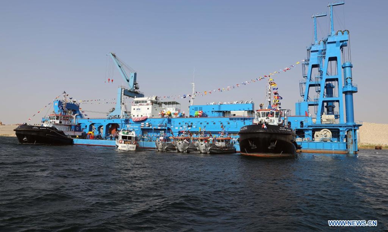 Photo taken on Aug. 4, 2021 shows a cutter suction dredger in Ismailia Province, Egypt. Egypt's Suez Canal Authority (SCA) held a ceremony on Wednesday to celebrate the recent arrival of a cutter suction dredger (CSD) named Hussein Tantawy. (Photo: Xinhua)