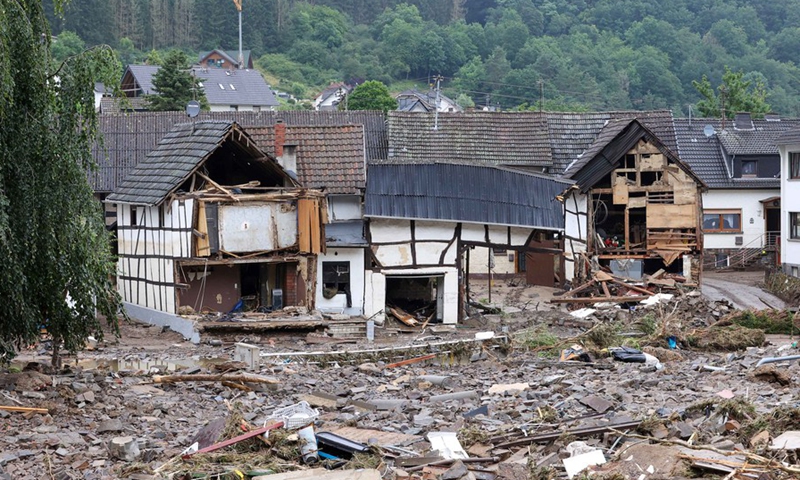 Photo taken on July 16, 2021 shows roads and houses damaged in flood in Schuld, a town in Ahrweiler, Germany. (Photo: Xinhua)