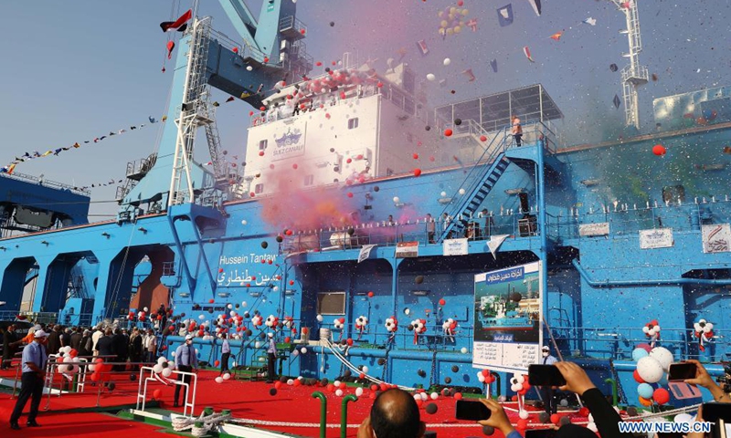 People attend a ceremony to celebrate the recent arrival of a cutter suction dredger in Ismailia Province, Egypt, on Aug. 4, 2021. Egypt's Suez Canal Authority (SCA) held a ceremony on Wednesday to celebrate the recent arrival of a cutter suction dredger (CSD) named Hussein Tantawy. (Photo: Xinhua)