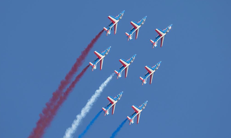 Patrouille de France of Armée de l'Air et de l'Espace perform at the Kaivopuisto Airshow in Helsinki, Finland, on Aug. 6, 2021. The Kaivopuisto Airshow 2021 was held here on Friday evening.Photo:Xinhua