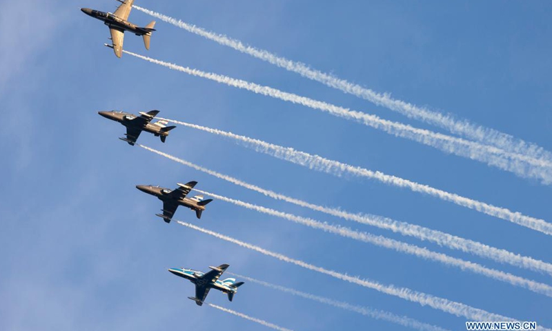 Midnight Hawks of the Finnish Air Force perform at the Kaivopuisto Airshow in Helsinki, Finland, on Aug. 6, 2021. The Kaivopuisto Airshow 2021 was held here on Friday evening.Photo:Xinhua