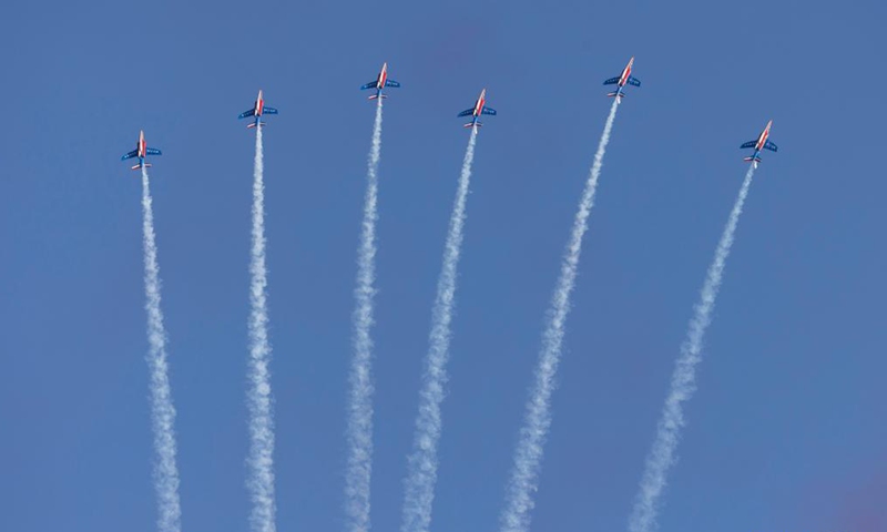 Patrouille de France of Armee de l'Air et de l'Espace perform at the Kaivopuisto Airshow in Helsinki, Finland, on Aug. 6, 2021. The Kaivopuisto Airshow 2021 was held here on Friday evening.Photo:Xinhua