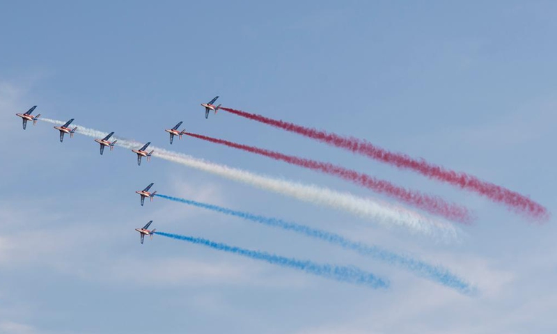 Patrouille de France of Armée de l'Air et de l'Espace perform at the Kaivopuisto Airshow in Helsinki, Finland, on Aug. 6, 2021. The Kaivopuisto Airshow 2021 was held here on Friday evening.Photo:Xinhua
