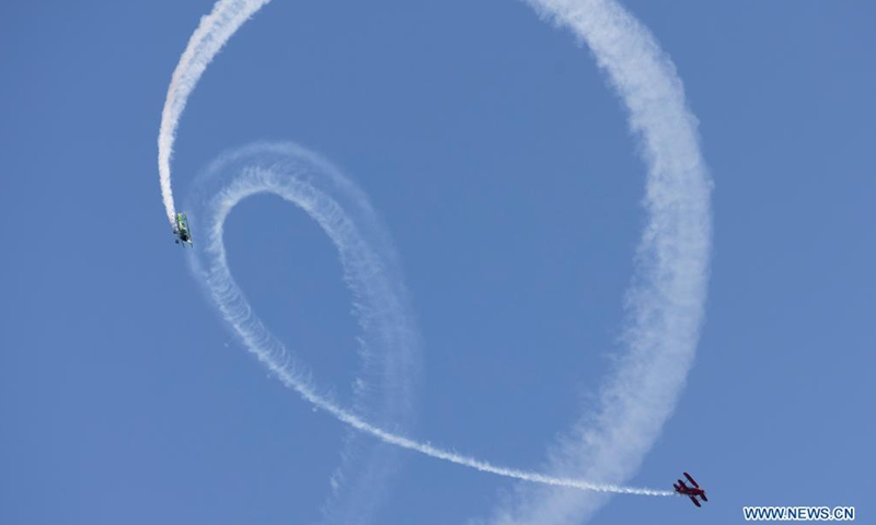 Arctic Eagles perform at the Kaivopuisto Airshow in Helsinki, Finland, on Aug. 6, 2021. The Kaivopuisto Airshow 2021 was held here on Friday evening.Photo:Xinhua