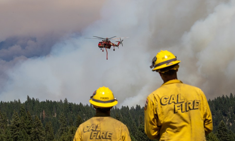 A helicopter flies to battle against a wildfire dubbed Dixie Fire in Lassen National Forest, Northern California, the United States, on Aug. 5, 2021.(Photo: Xinhua)