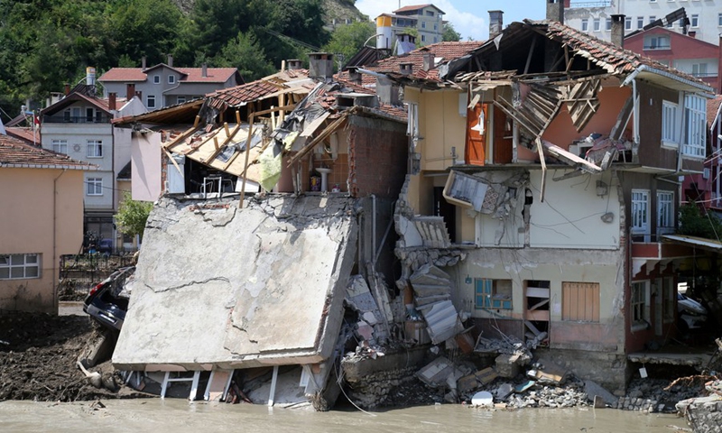 Photo taken on Aug. 16, 2021 shows the damaged houses in a flood-hit area in the town of Abana, Kastamonu province, Turkey.(Photo: Xinhua)