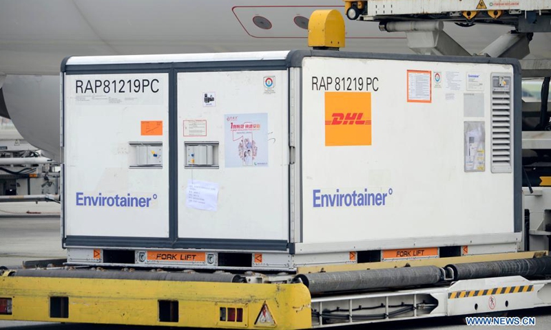 The first batch of the single-dose COVID-19 vaccine developed by Chinese company CanSino Biologics is seen at the Kuala Lumpur International Airport in Sepang, Malaysia, Aug. 20, 2021. The vaccines arrived in Malaysia on Friday, boosting the country's capability in the fight against the pandemic.Photo:Xinhua