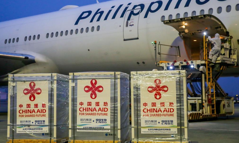 Cargos containing the Sinopharm COVID-19 vaccines are seen upon arrival in Manila, the Philippines, Aug. 20, 2021. Philippine President Rodrigo Duterte thanked China for supporting the fight against COVID-19 after a batch of Sinopharm COVID-19 vaccines donated by the Chinese government arrived in Manila on Friday.Photo:Xinhua