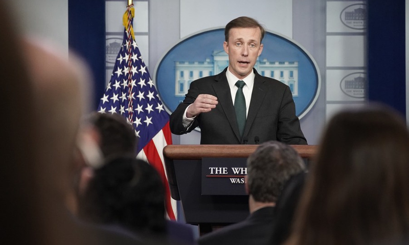 U.S. National Security Adviser Jake Sullivan (Rear) addresses a press briefing at the White House in Washington, D.C., the United States, on Aug. 17, 2021.(Photo: Xinhua)