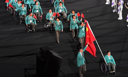 Members of China’s contingent take part in the athletes parade during the opening ceremony of the Tokyo Paralympic Games at the Olympic Stadium in Tokyo, Japan on Tuesday. Photo: VCG
