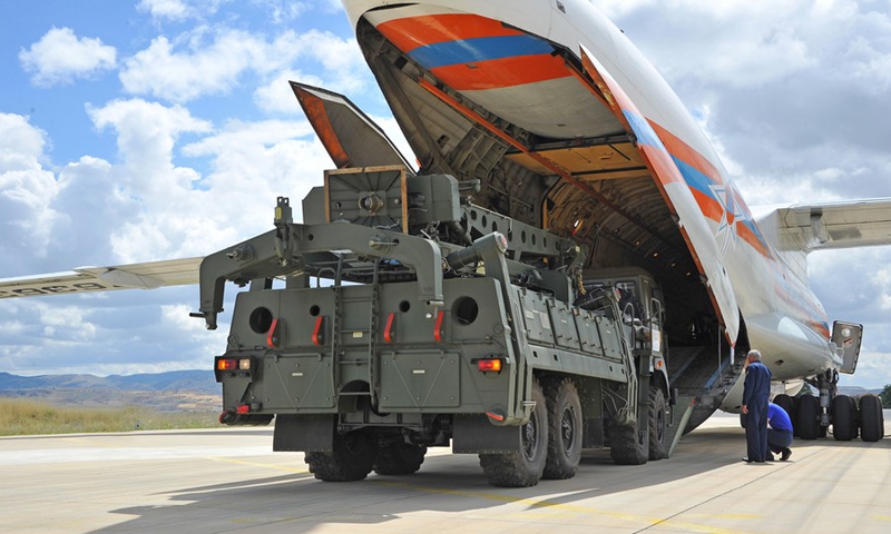 A Russian Antonov military cargo plane, carrying parts of the S-400 missile defense system from Russia, is unloaded after landing at the Murted Air Base in Ankara, Turkey, on July 12, 2019. (Photo: Xinhua)
