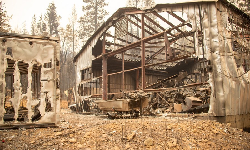 The Greenville town destroyed by Dixie Fire is seen in Northern California, the United States, Aug. 19, 2021.(Photo: Xinhua)