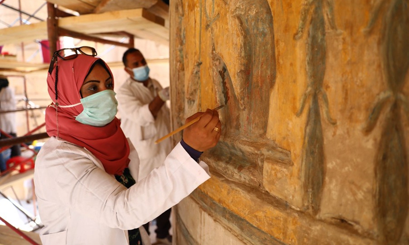 Restorers renovate the huge columns of the Great Hypostyle Hall in the Karnak Temple Complex in Luxor, Egypt, on Aug. 25, 2021.(Photo: Xinhua)