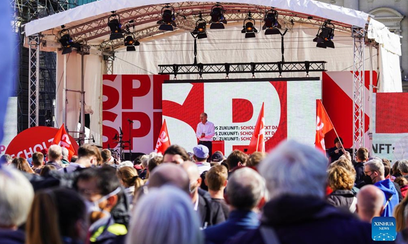 Candidate for Chancellor of the Social Democratic Party (SPD) Olaf Scholz delivers a speech during an election rally for Germany's federal elections in Berlin, capital of Germany, on Aug. 27, 2021.Photo:Xinhua