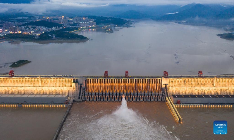 Aerial photo taken on Sept. 6, 2021 shows a view of the Three Gorges Dam in central China's Hubei Province. Chinese authorities have called for rigorous anti-flooding measures along the Yangtze River as water levels continue to rise following heavy rainfall, the Ministry of Water Resources said on Monday. The flow of water at the Three Gorges reservoir has increased rapidly, reaching 54,000 cubic meters per second as of 2 p.m. Monday.(Photo: Xinhua)