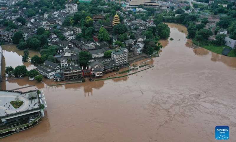 Aerial photo taken on Sept. 6, 2021 shows the flood-affected area in Ciqikou, southwest China's Chongqing Municipality. The emergency response for flood control was upgraded from level IV to III on Monday, according to Chongqing's flood control and drought relief headquarters, as Jialing River in Chongqing witnessed rapidly increasing water levels following constant heavy rainfall. (Photo: Xinhua)