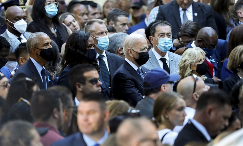 Former U.S. President Barack Obama (1st L, C), his wife Michelle Obama (2nd L, C), U.S. President Joe Biden (3rd L, C) and his wife Jill Biden (4th L, C) attend a commemoration ceremony of the 20th anniversary of the 9/11 attacks in New York, the United States, on Sept. 11, 2021.(Photo: Xinhua)
