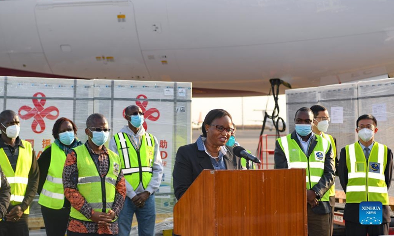 Susan Mochache, principal secretary of the Ministry of Health, speaks during the handover ceremony of China-donated COVID-19 vaccines at an airport in Nairobi, Kenya, Sept. 18, 2021.Photo: Xinhua
