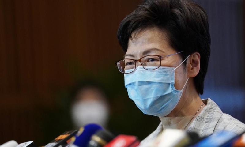 Chief Executive of the Hong Kong Special Administrative Region Carrie Lam receives an interview after inspecting a polling station at Hong Kong Convention and Exhibition Center in Hong Kong, south China, Sept. 19, 2021. The 2021 Election Committee's subsector ordinary elections in China's Hong Kong Special Administrative Region (HKSAR) started on Sunday morning, the first election after the improvements to Hong Kong's electoral system earlier this year.Photo: Xinhua