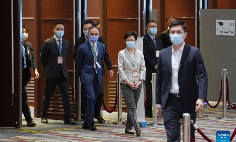 Chief Executive of the Hong Kong Special Administrative Region Carrie Lam inspects a polling station at Hong Kong Convention and Exhibition Center in Hong Kong, south China, Sept. 19, 2021. The 2021 Election Committee's subsector ordinary elections in China's Hong Kong Special Administrative Region (HKSAR) started on Sunday morning, the first election after the improvements to Hong Kong's electoral system earlier this year. Photo: Xinhua