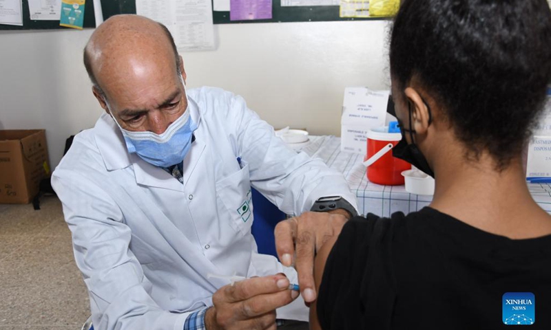A teenager receives a dose of the COVID-19 vaccine in Sale, Morocco, on Sept. 21, 2021. Morocco has begun vaccinating teenagers aged between 12 and 17 years old against COVID-19.(Photo: Xinhua)