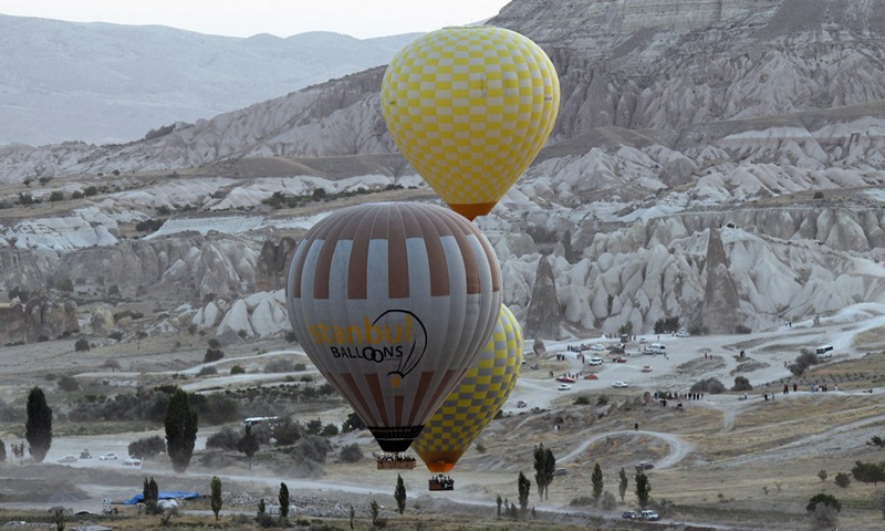 Hot air balloons are seen flying high in the sky over the famous tourist destination of Cappadocia, Turkey, on Sept. 20, 2021.(Photo: Xinhua)