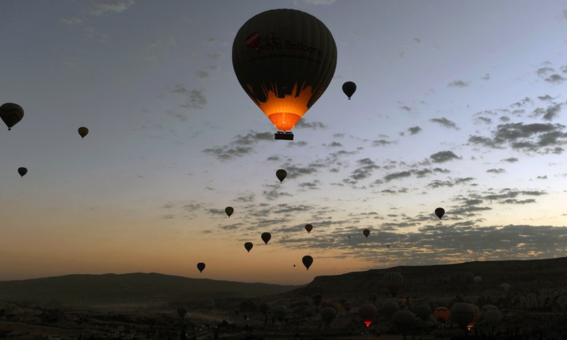 Hot air balloons are seen flying high in the sky over the famous tourist destination of Cappadocia, Turkey, on Sept. 20, 2021.(Photo: Xinhua)