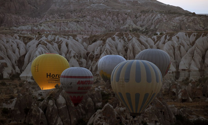 Hot air balloons are seen flying high in the sky over the famous tourist destination of Cappadocia, Turkey, on Sept. 20, 2021.(Photo: Xinhua)