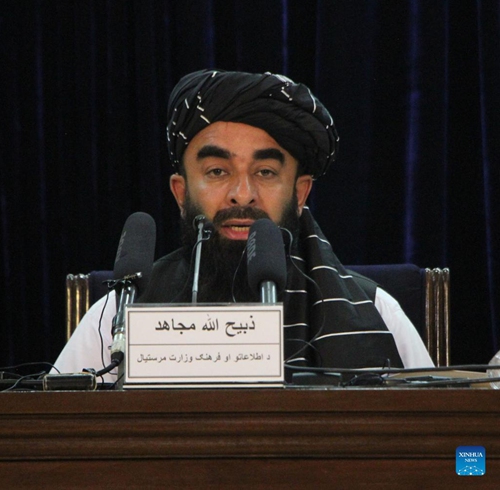 Taliban spokesperson Zabihullah Mujahid speaks during a press conference in Kabul, Afghanistan, Sept. 21, 2021. The newly-established caretaker government in Afghanistan has named remaining ministers and members, Taliban spokesperson Zabihullah Mujahid said Tuesday. The newly introduced members of the cabinet are professional personalities including doctors and highly educated persons, also from minorities, Mujahid told reporters at a press conference. (Photo: Xinhua)