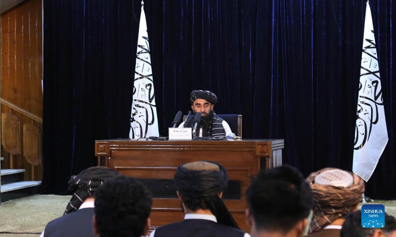 Taliban spokesperson Zabihullah Mujahid speaks during a press conference in Kabul, Afghanistan, Sept. 21, 2021. The newly-established caretaker government in Afghanistan has named remaining ministers and members, Taliban spokesperson Zabihullah Mujahid said Tuesday. The newly introduced members of the cabinet are professional personalities including doctors and highly educated persons, also from minorities, Mujahid told reporters at a press conference. (Photo: Xinhua)